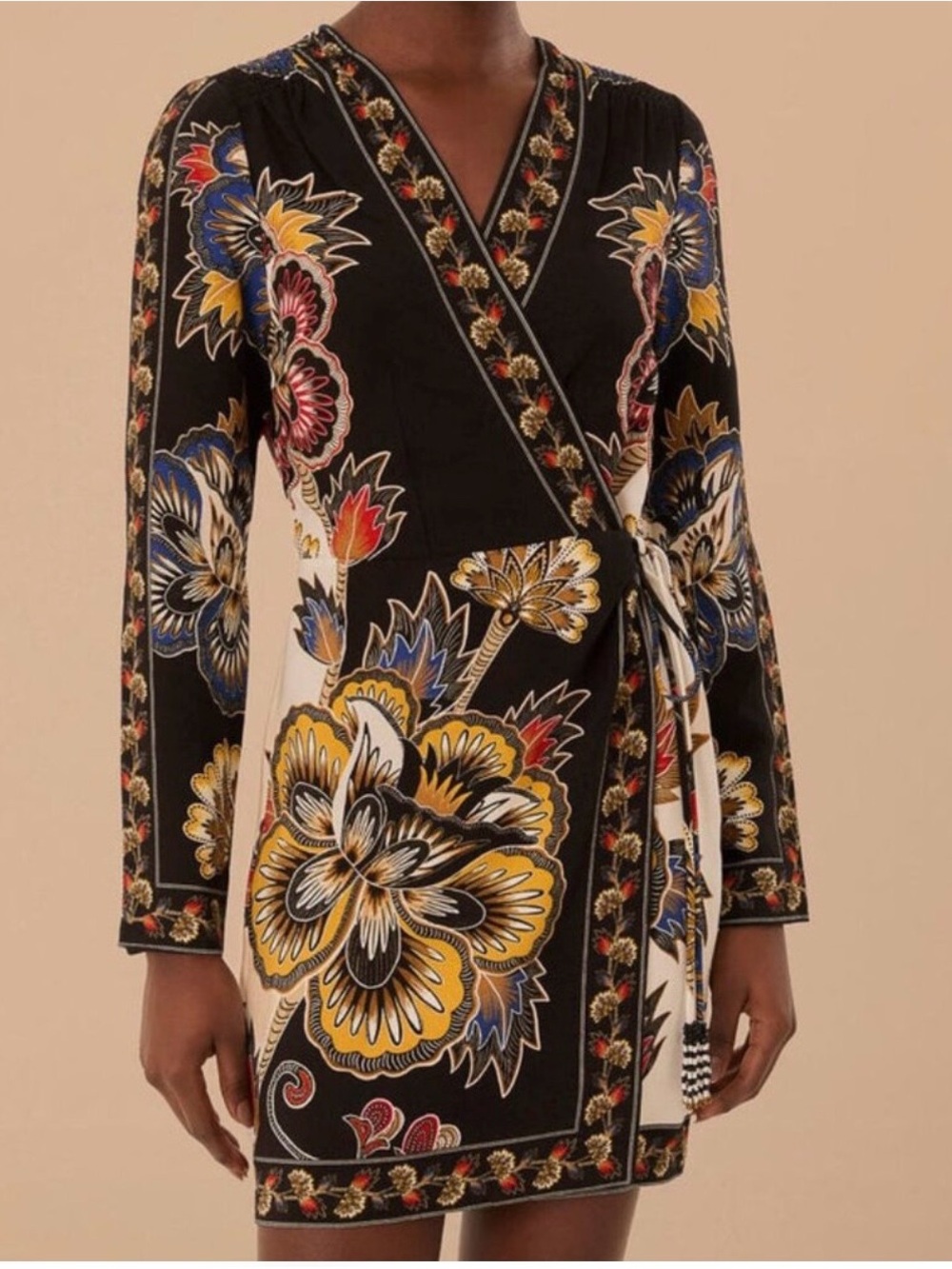 Farm Rio Black Maxi Floral Lenzing Ecovero Viscose Wrap Mini Dress Sz S